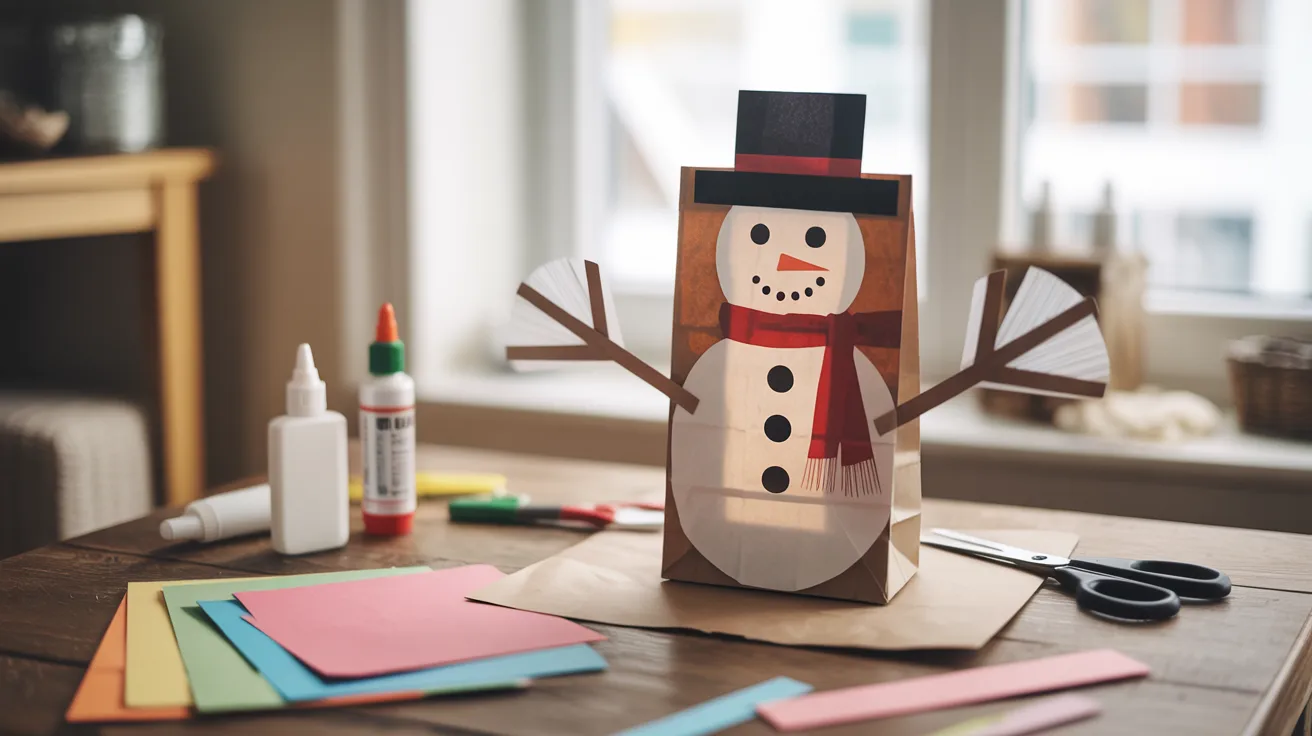 - Paper bag snow puppet on a table for a fun kids’ DIY winter craft activity.