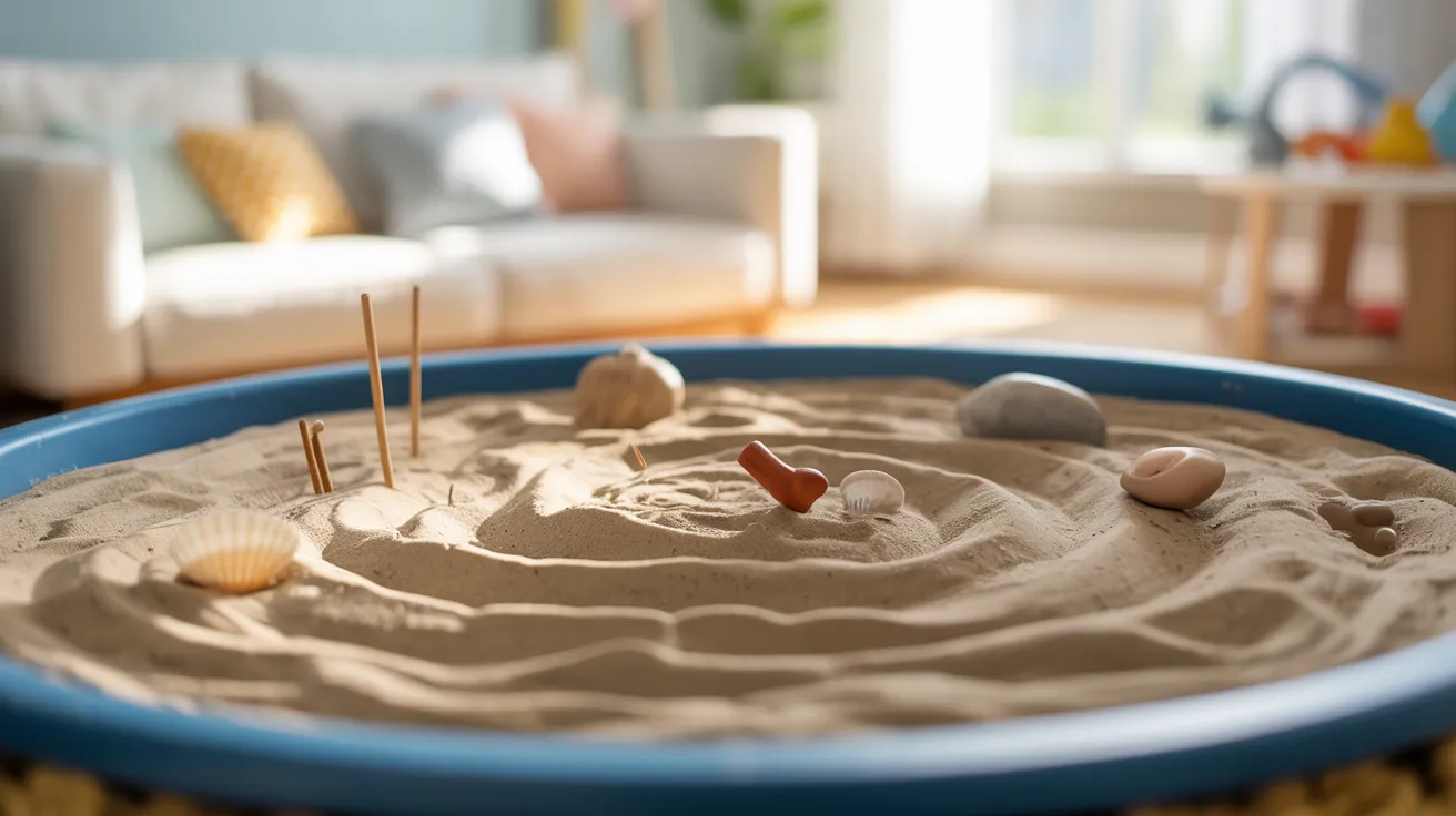 - Sensory sand tray play setup for kids’ hands-on learning and exploratory tactile activity.