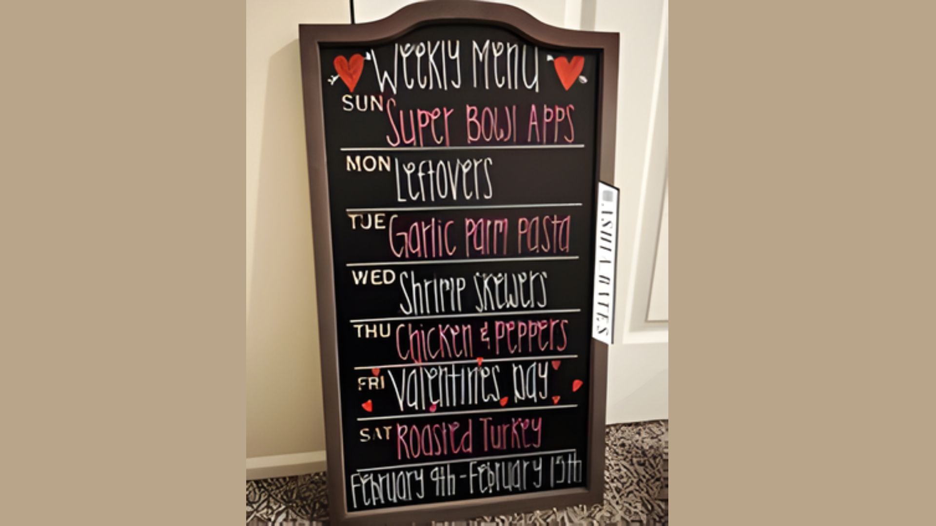 1. A chalkboard displaying a to-do list for chalkboard art projects, including a grocery list.