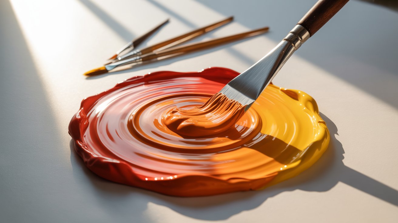 Red and yellow primary colors mixing to create orange paint