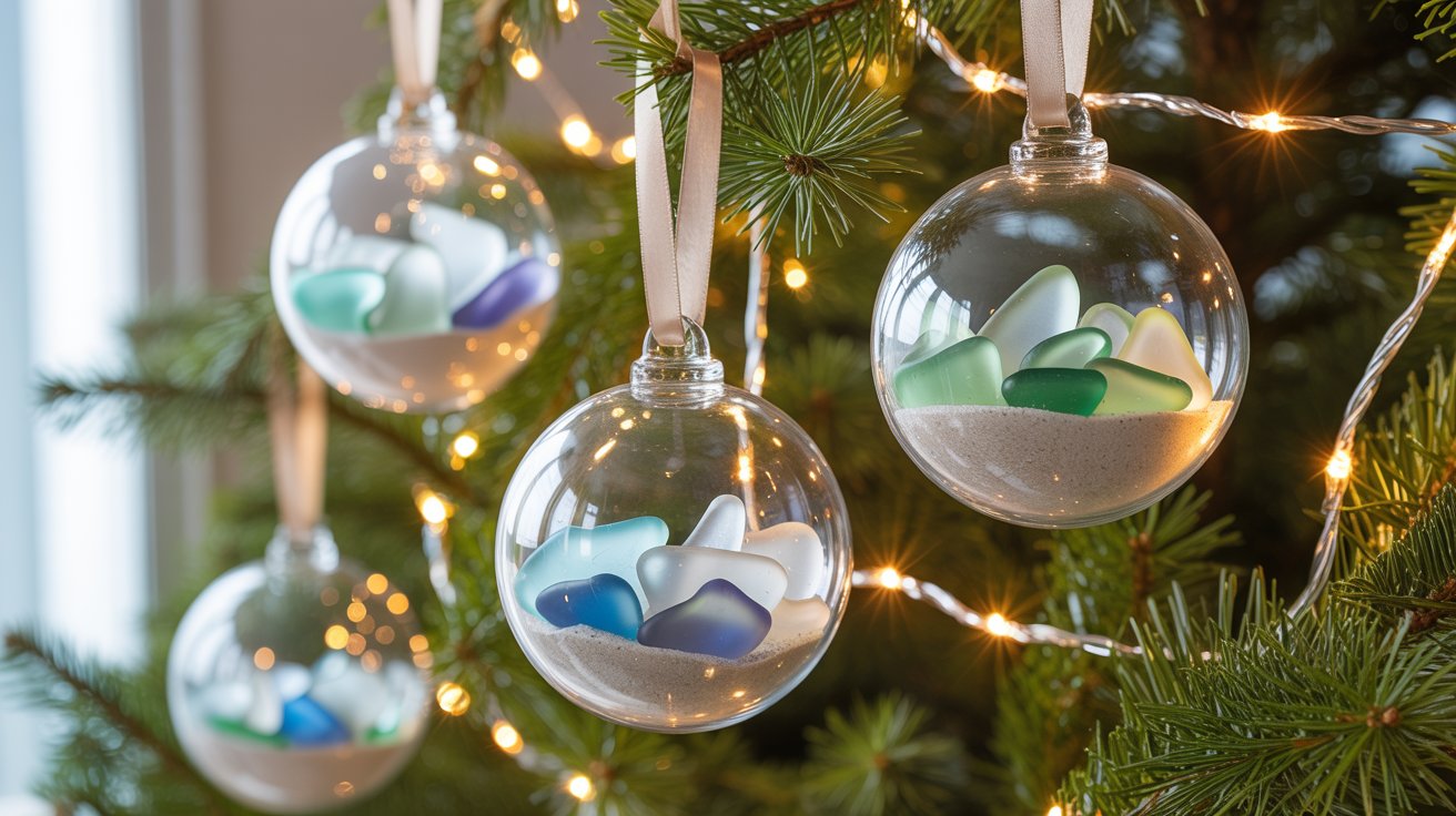 Sea glass Christmas ornaments hanging on tree
