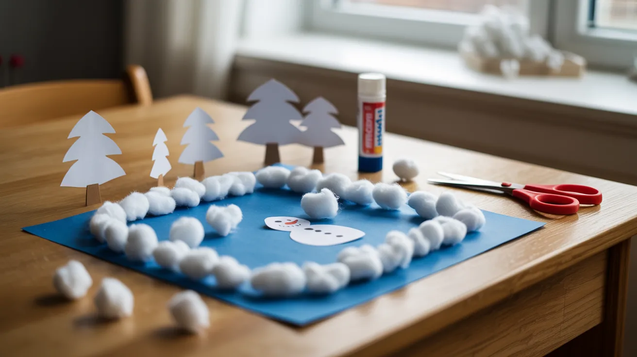 - Cotton ball snow scene craft on a table with glue and scissors for kids’ DIY winter activity.