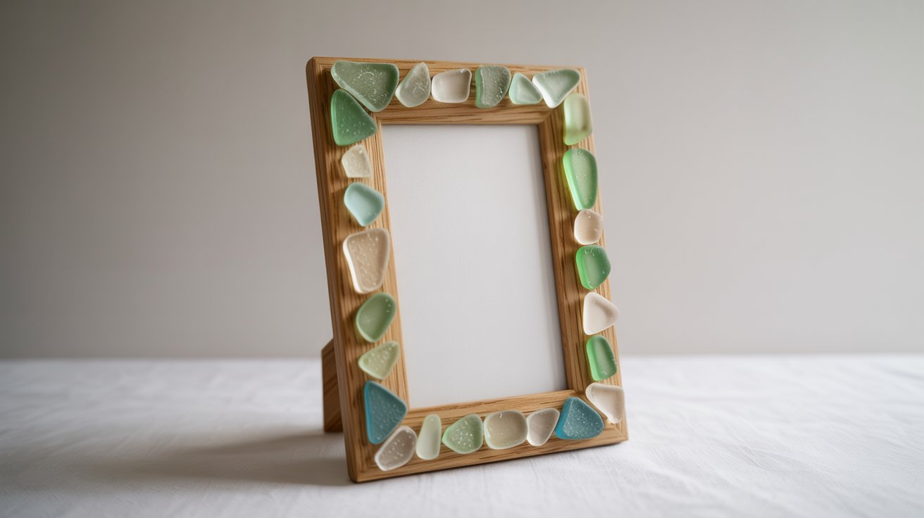 Decorative picture frame with sea glass accents