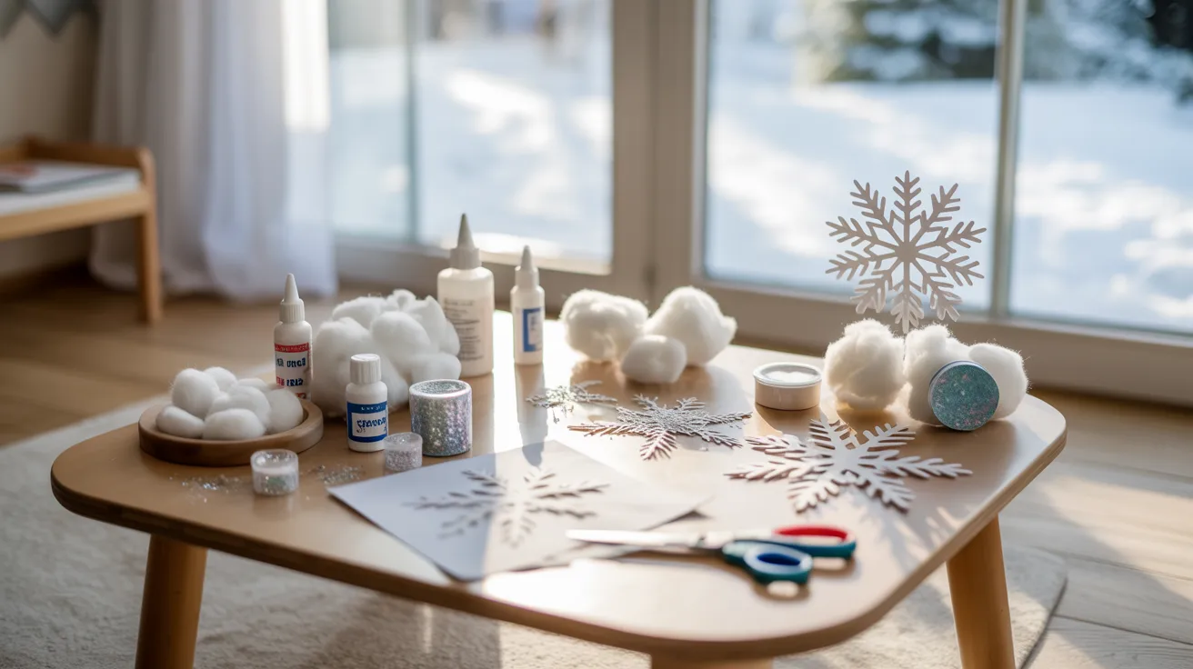 - Table with cotton, scissors, and glue arranged for DIY craft activities and creative art projects.