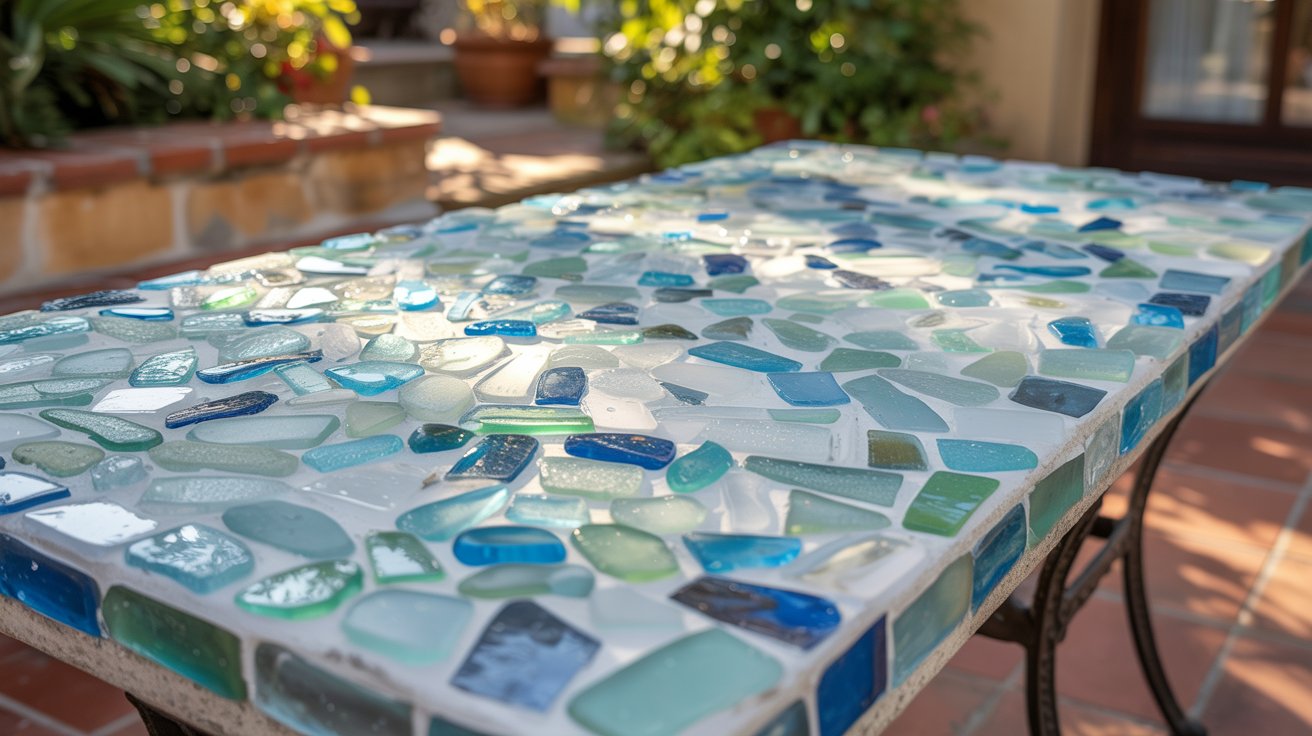 Outdoor table with sea glass mosaic design