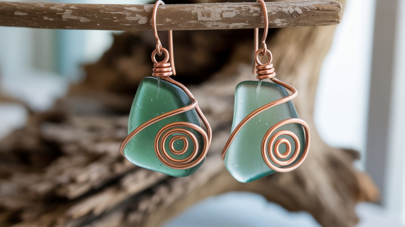 Wire wrapped sea glass earrings with handmade detail