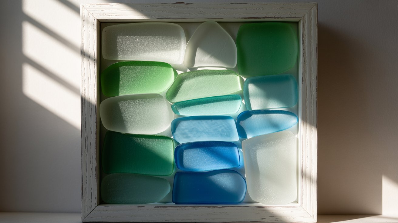 3D layered sea glass artwork in shadow box