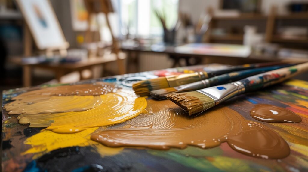 Gold paint being mixed on a palette using yellow and brown in an artist workspace