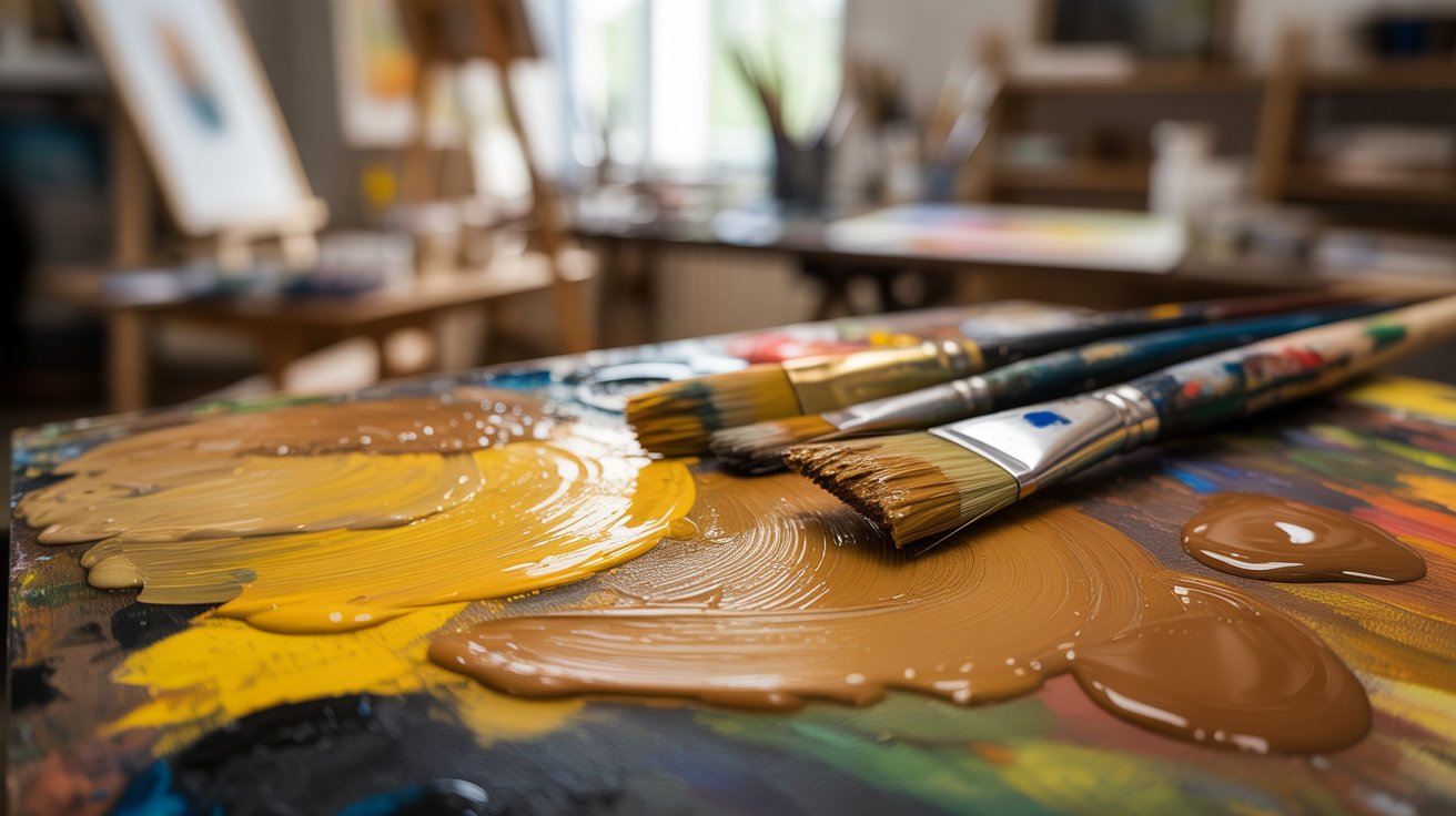 Gold paint being mixed on a palette using yellow and brown in an artist workspace