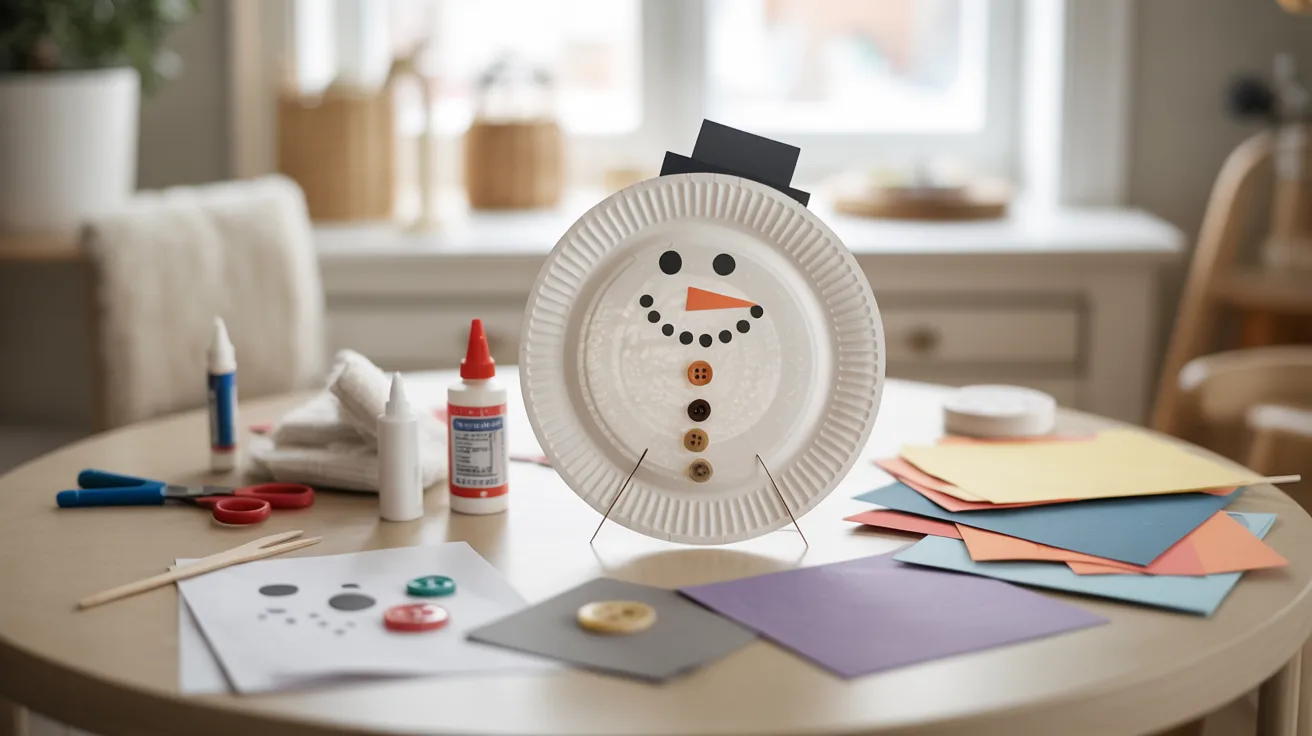 - Paper plate snowman craft displayed on a table for kids’ winter DIY activity.
