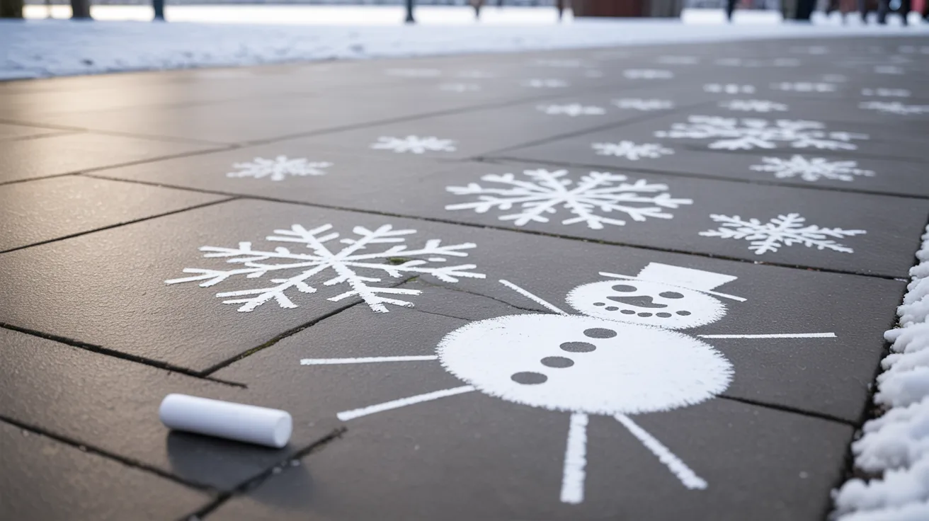 - Chalk snow drawing on the floor with a chalk stick lying nearby for a creative kids’ DIY winter art activity.