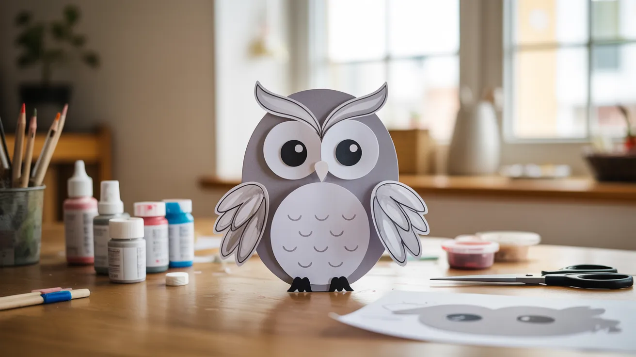 - Snowy owl craft on a table for a kids’ DIY winter-themed art activity.