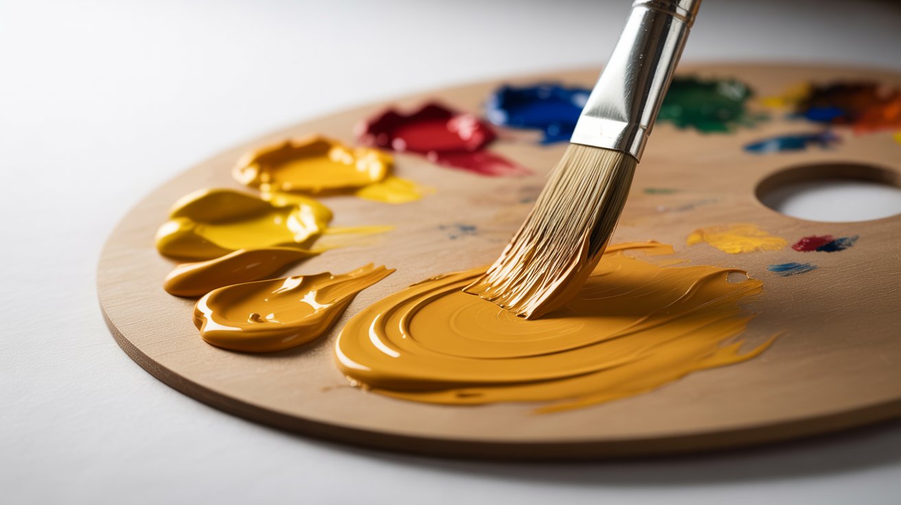 Step-by-step process of mixing gold paint using yellow red and a small amount of black showing color progression on a palette