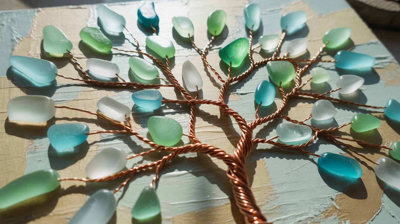 Sea glass tree artwork with wire branches