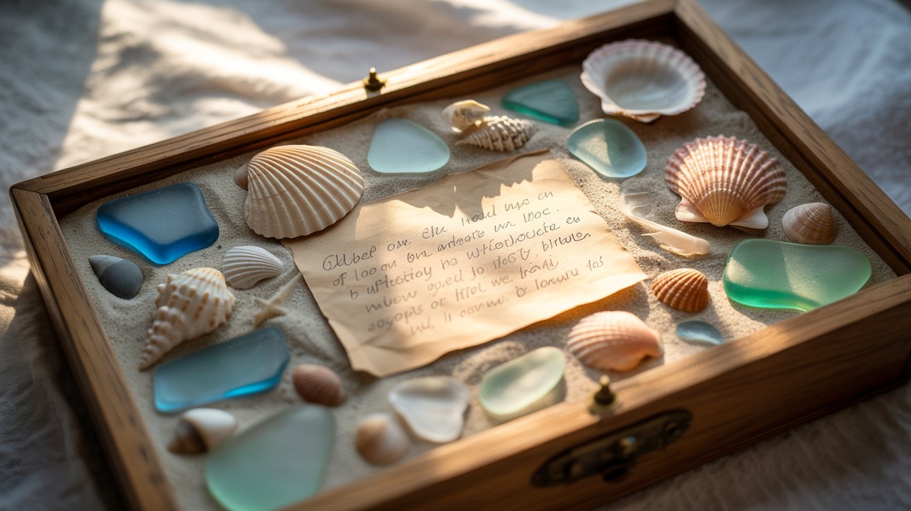 Shadow box beach memory art with sea glass and sand