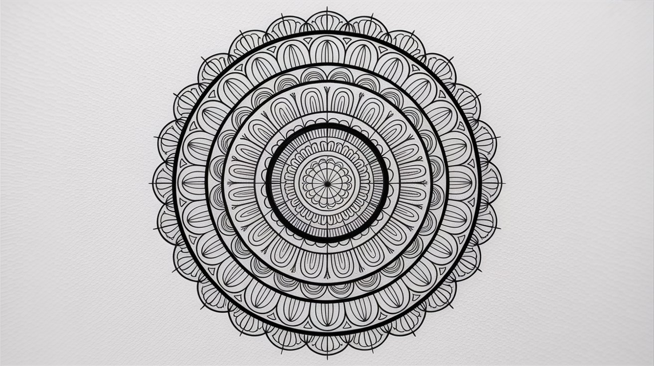 A black and white circular design featuring intricate patterns and shapes.