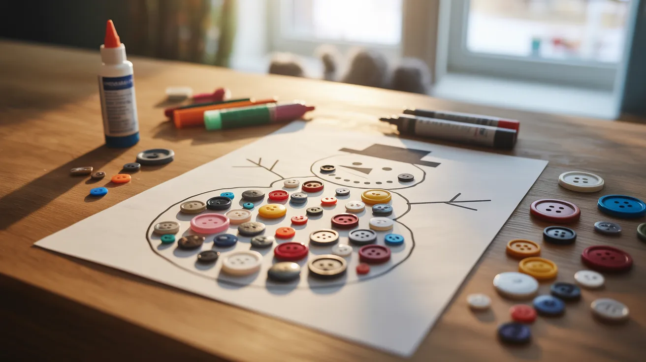 - Button snowman art on a table with multiple buttons for a creative kids’ DIY winter craft activity.