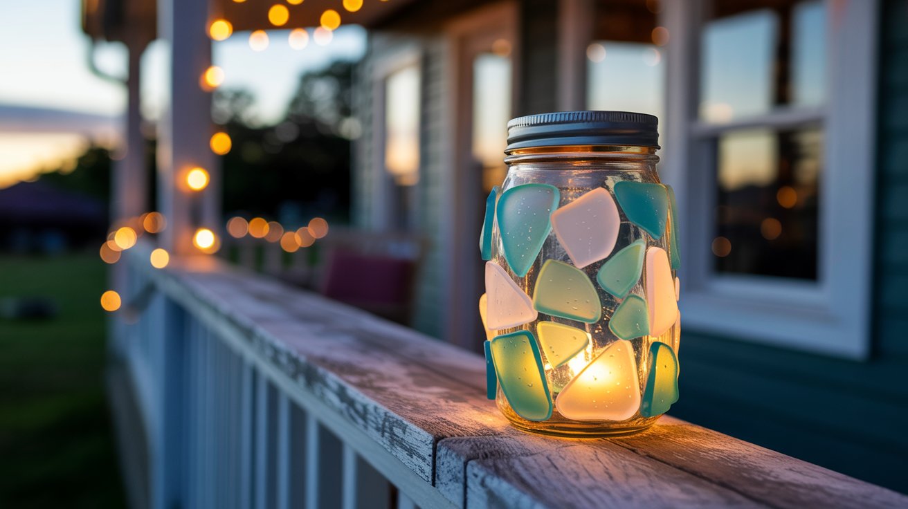 Mason jar sea glass lantern glowing outdoors