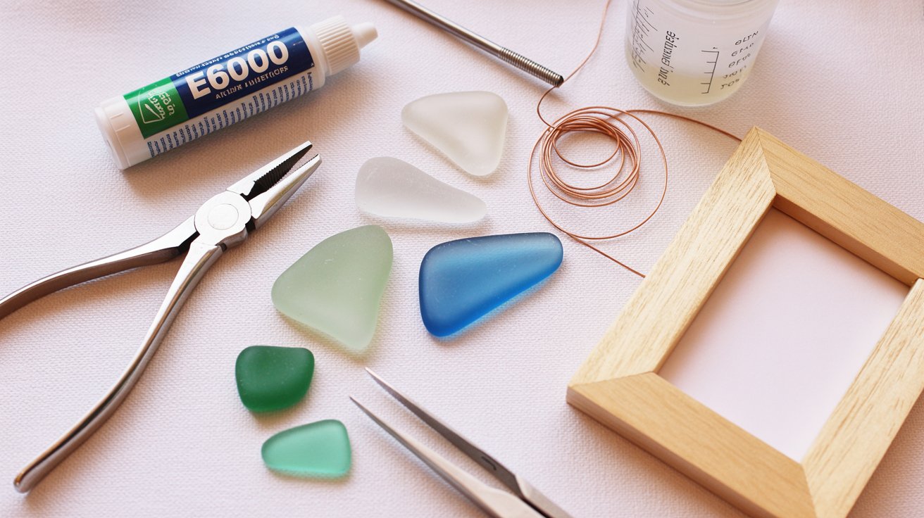 Essential tools and supplies needed for sea glass art projects