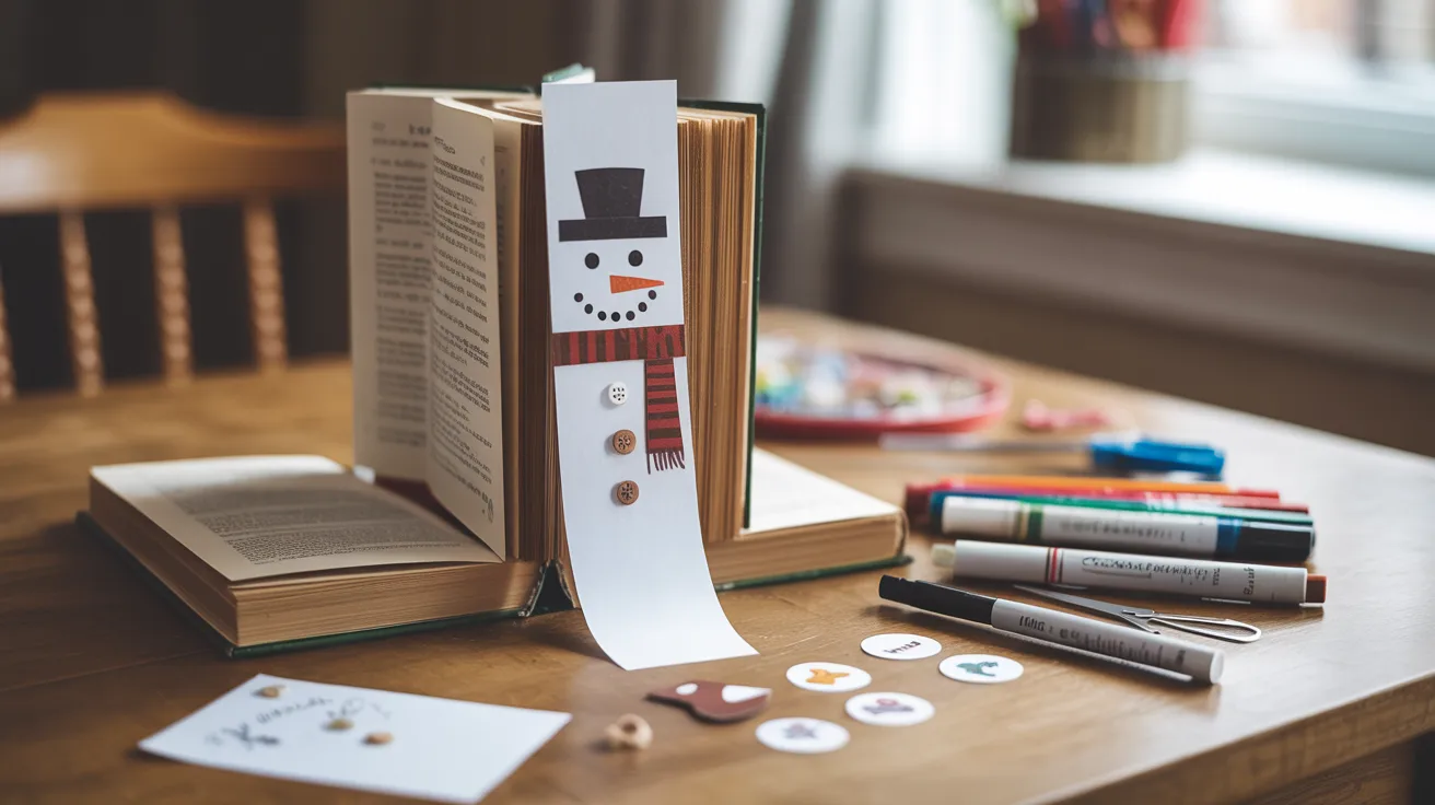 - Snowman bookmark craft on a table with books and DIY tools for a creative kids’ winter reading activity.
