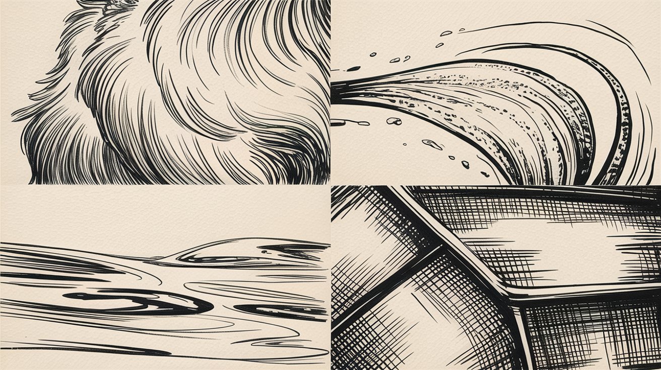 A drawing depicting a woman's flowing hair alongside a man's head, showcasing their distinct hairstyles.