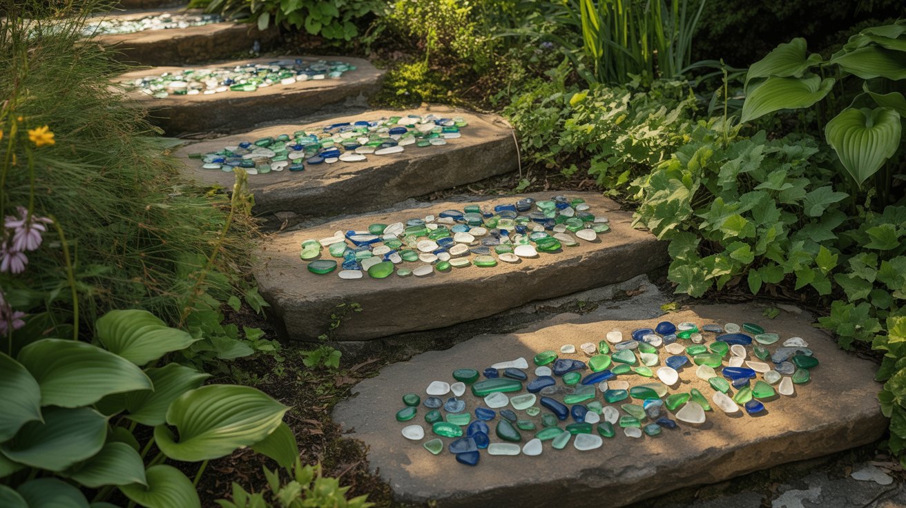 Sea glass garden stepping stones in outdoor path