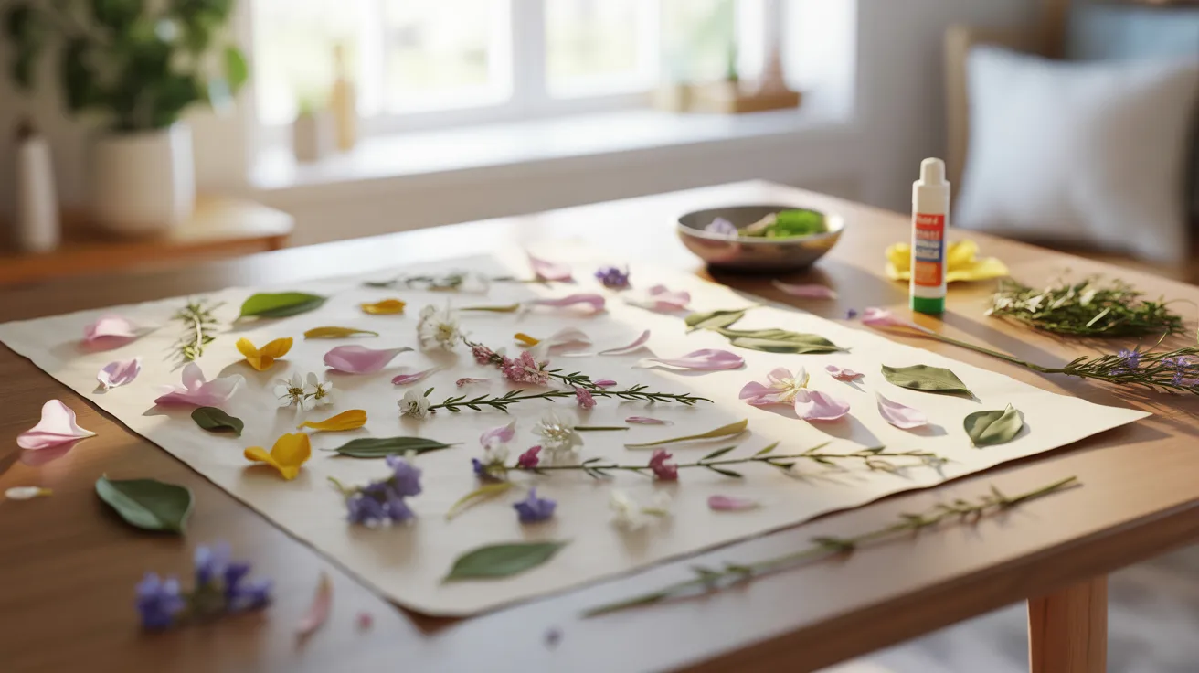 Flower petal collage for kids’ creative nature art activity using colorful petals for decorative designs.