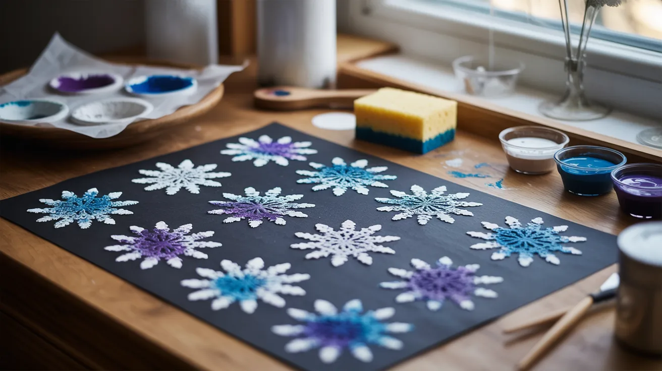 - Sponge painted snowflakes on a table for a creative kids’ DIY winter art activity.