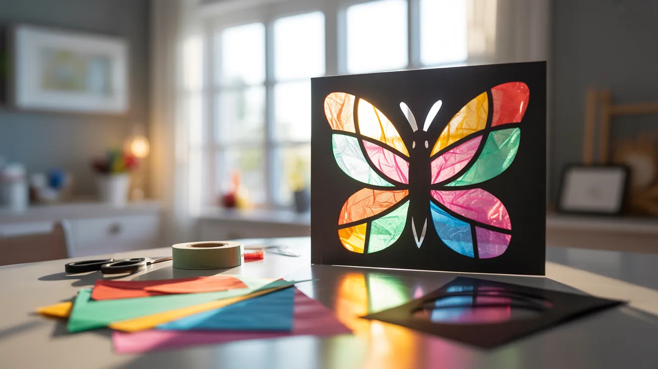 - Stained glass paper art for kids’ creative craft activity with colorful translucent paper designs.