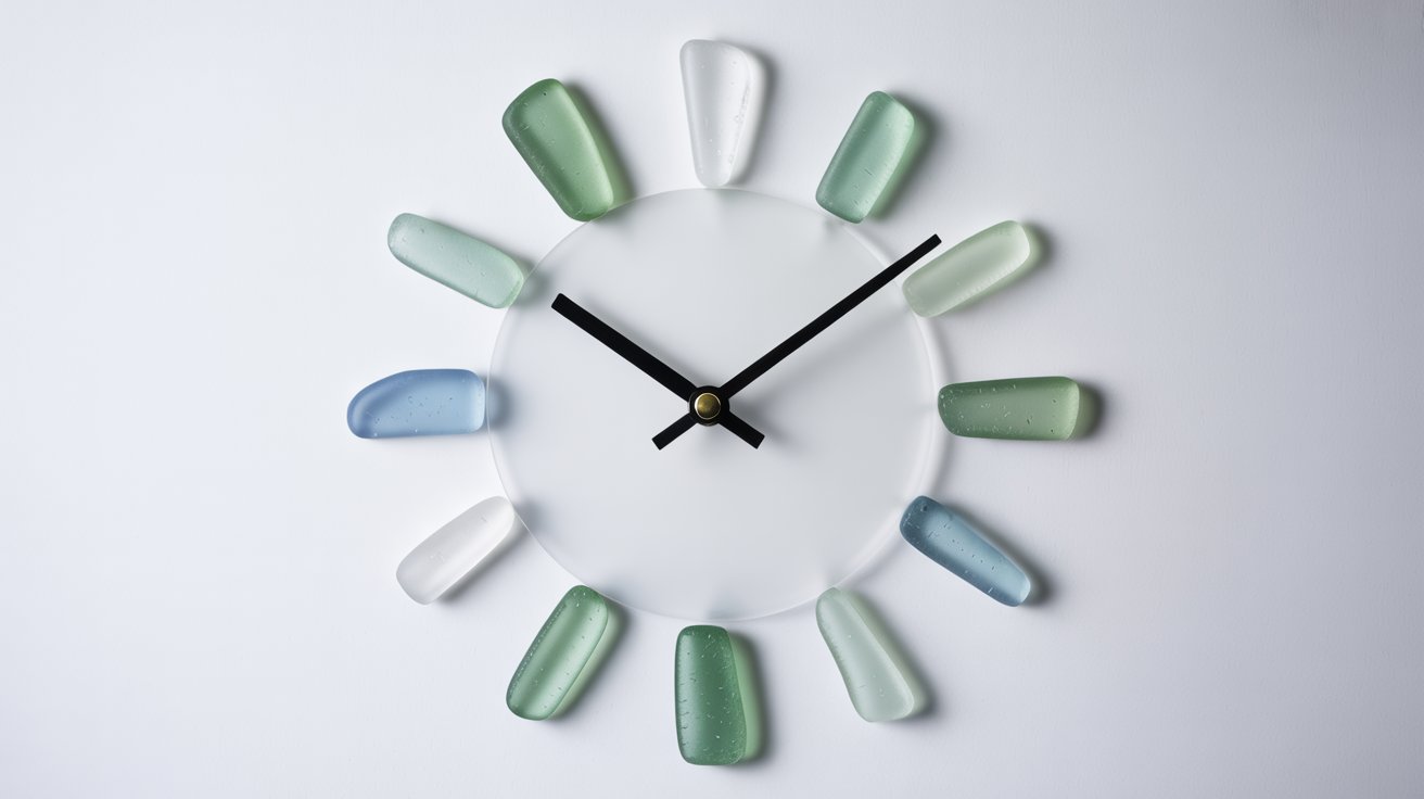 Sea glass wall clock with glass hour markers