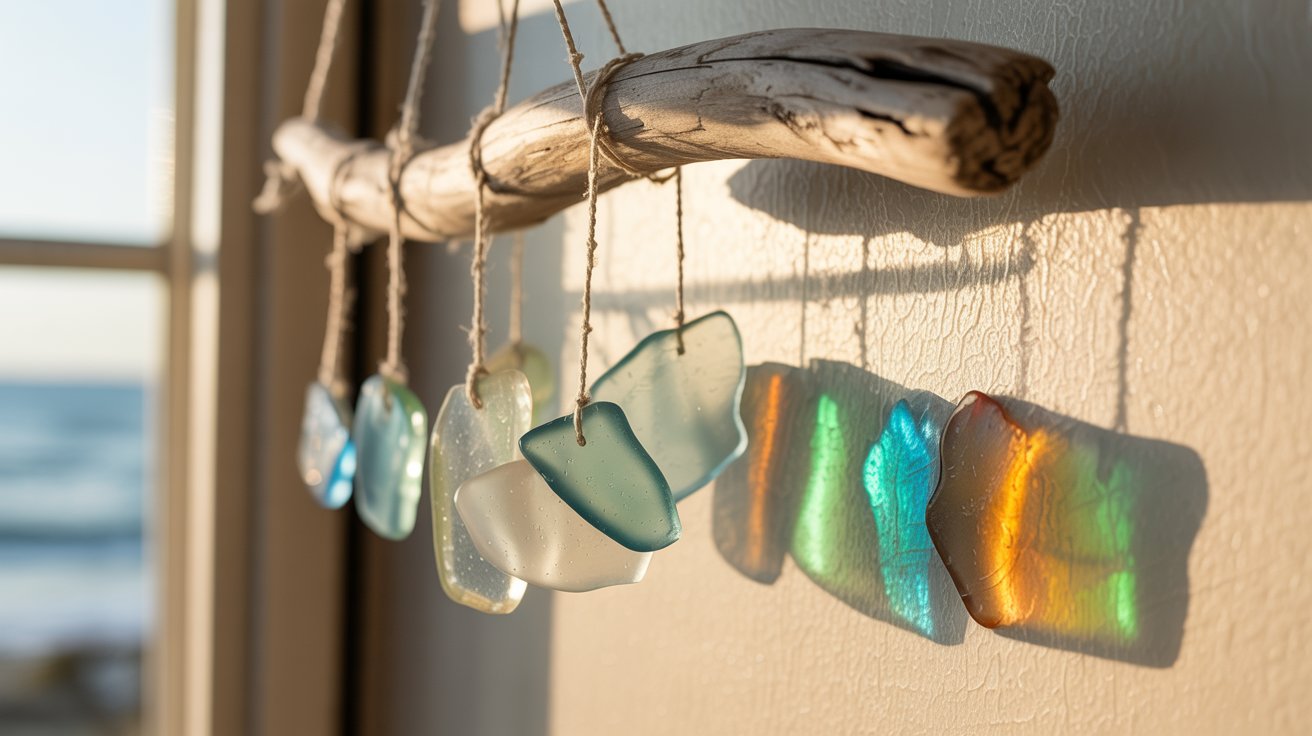 Hanging sea glass sun catcher with light reflections