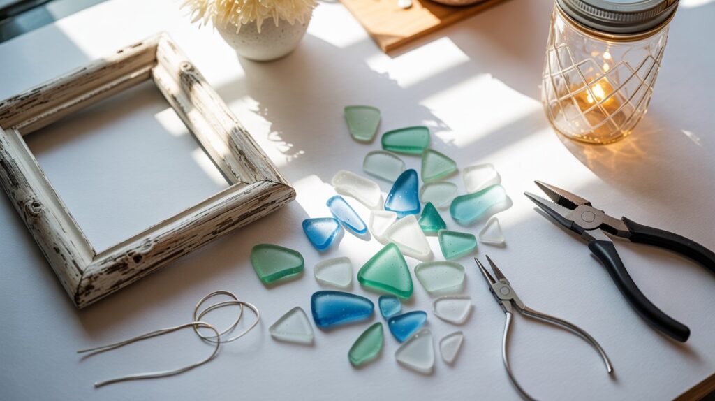 Easy sea glass art ideas with DIY projects including framed art, jewelry, and lanterns on a bright workspace