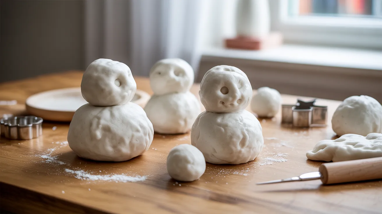 - Snow dough snowman craft on a table for a fun kids’ DIY winter sensory activity.