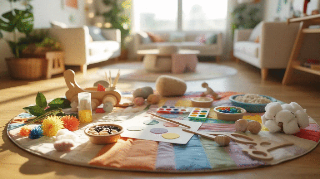 - Living room scene with sunlight coming in, featuring multiple colorful toys arranged on a multicolored circular carpet.