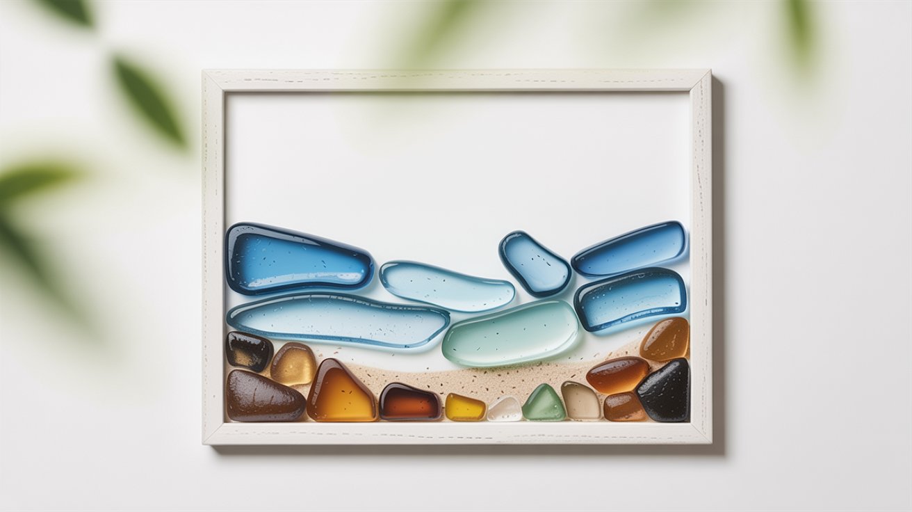 Sea glass framed beach scene with ocean and shoreline design