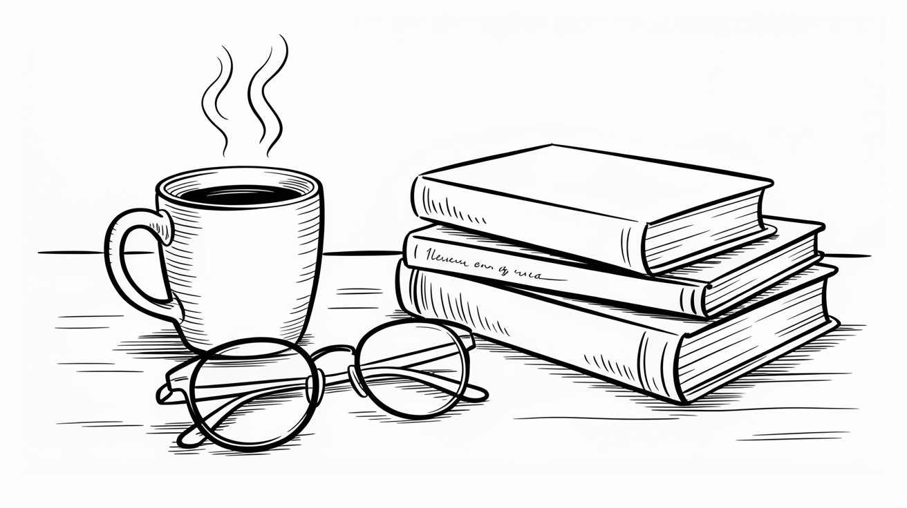 A coffee cup, stacked books, and reading glasses arranged neatly on a wooden table.