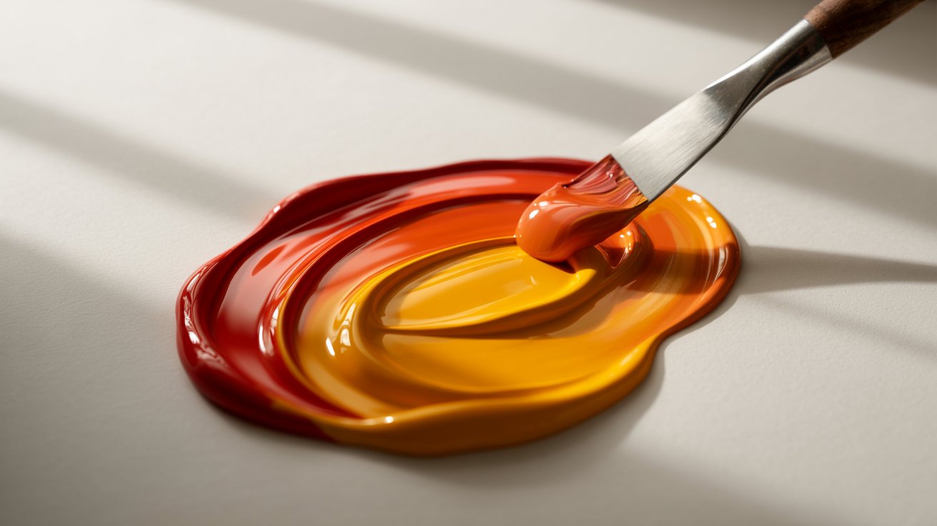 Mixing red and yellow paint on a palette to create bright orange color
