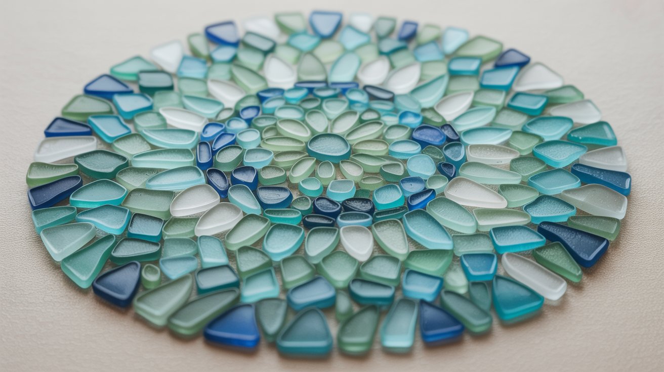 Sea glass mandala art with circular symmetrical pattern