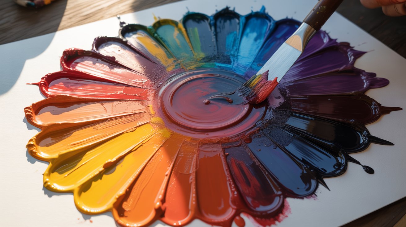 Step by step mixing of paint colors to create black