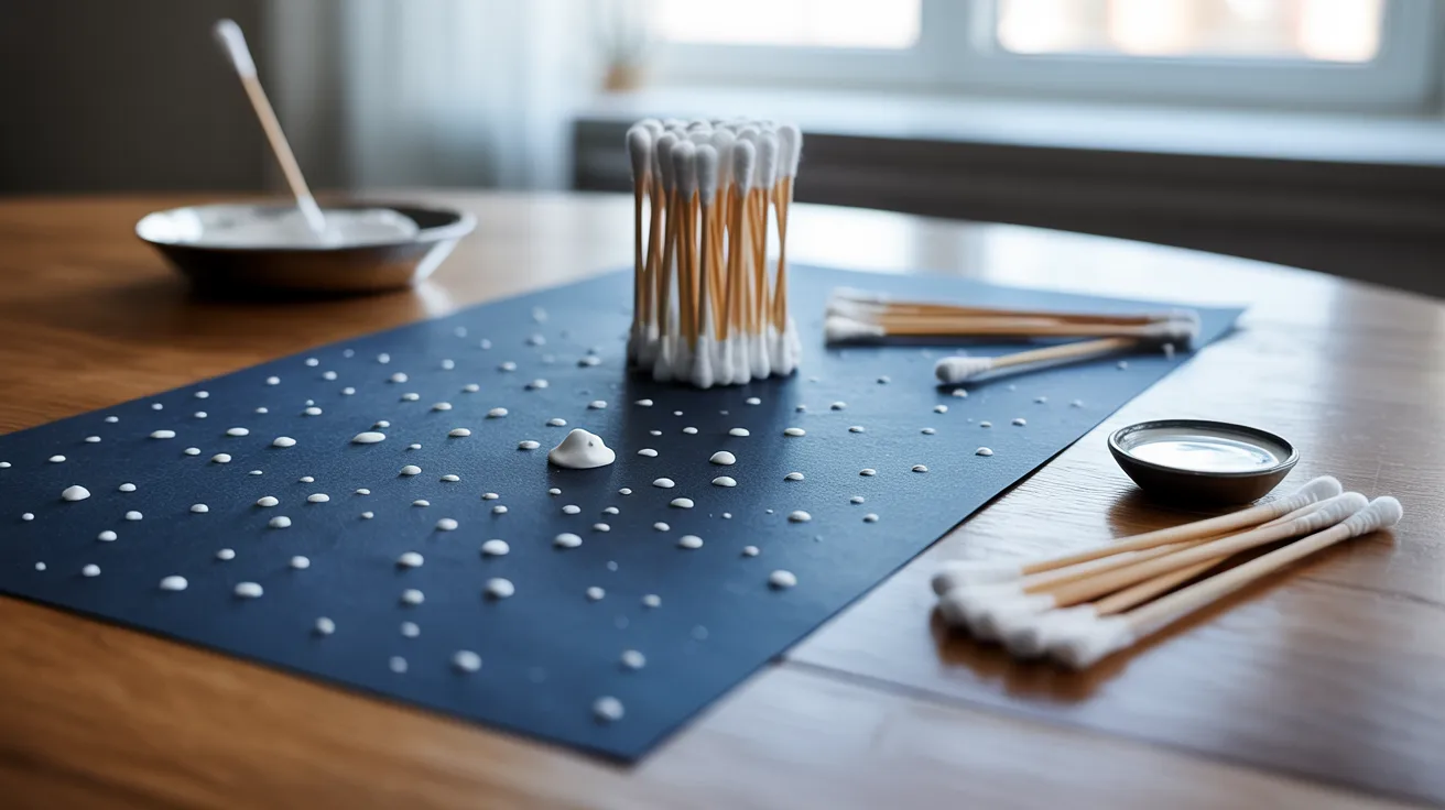 - Q-tip painted snowstorm craft on a table with multiple cotton swabs for a fun kids’ DIY winter art activity.
