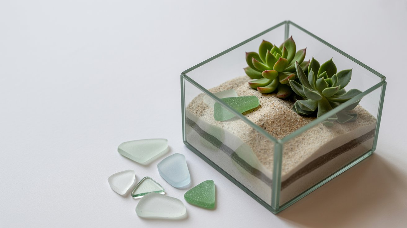 Mini terrarium with sea glass and plants