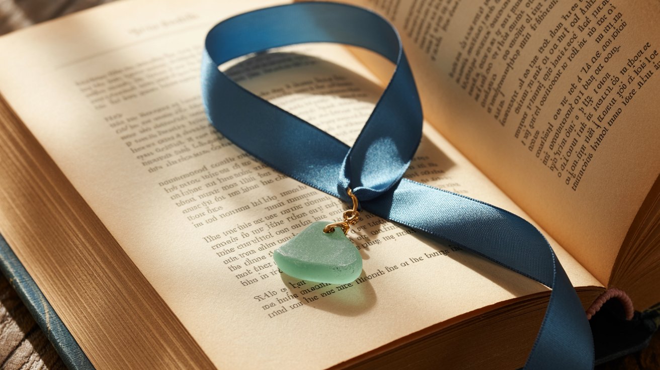 Sea glass bookmark with ribbon and charm
