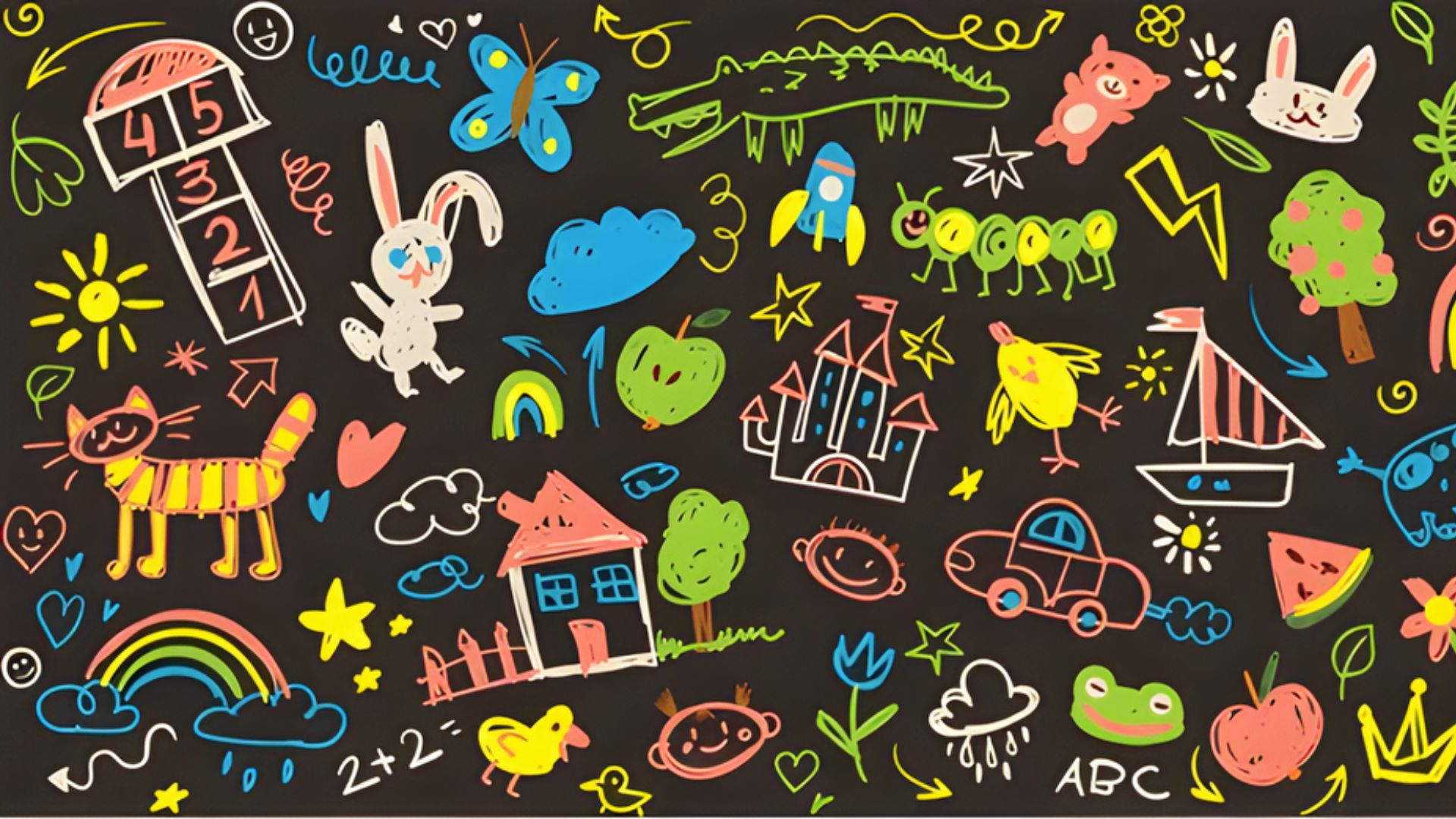 Playful chalkboard doodle pattern showcasing a variety of animals and objects, perfect for kids' creative projects.