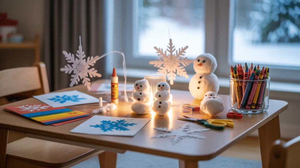 - DIY snowman craft on a table with colorful drawing papers and art supplies arranged for kids’ creative activity.