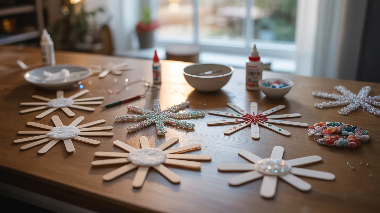 - Popsicle stick snowflake crafts on a table with glitter and DIY craft tools for kids’ winter art activity.