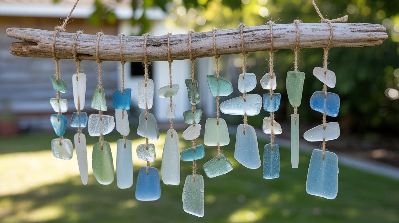 Sea glass wind chimes hanging outdoors