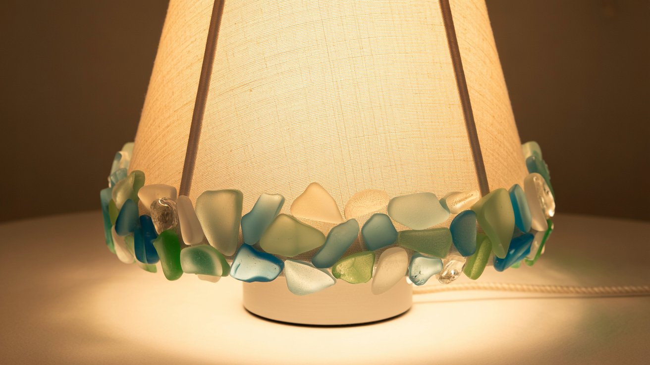 Lampshade decorated with sea glass accents
