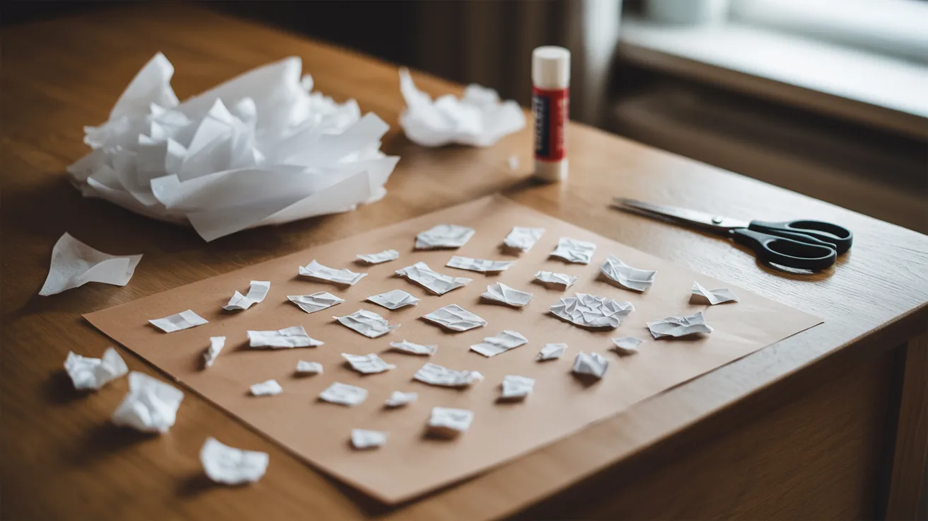 - Tissue paper snow collage on a table with glue and scissors for a kids’ winter-themed DIY craft activity.