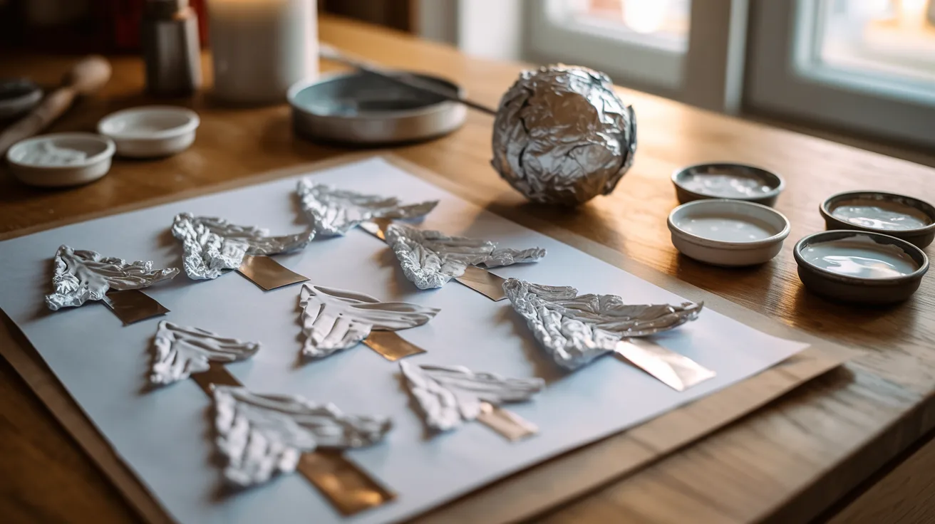 - Foil printed snow trees craft on a table with glue in small bowls for a creative kids’ DIY winter art activity.