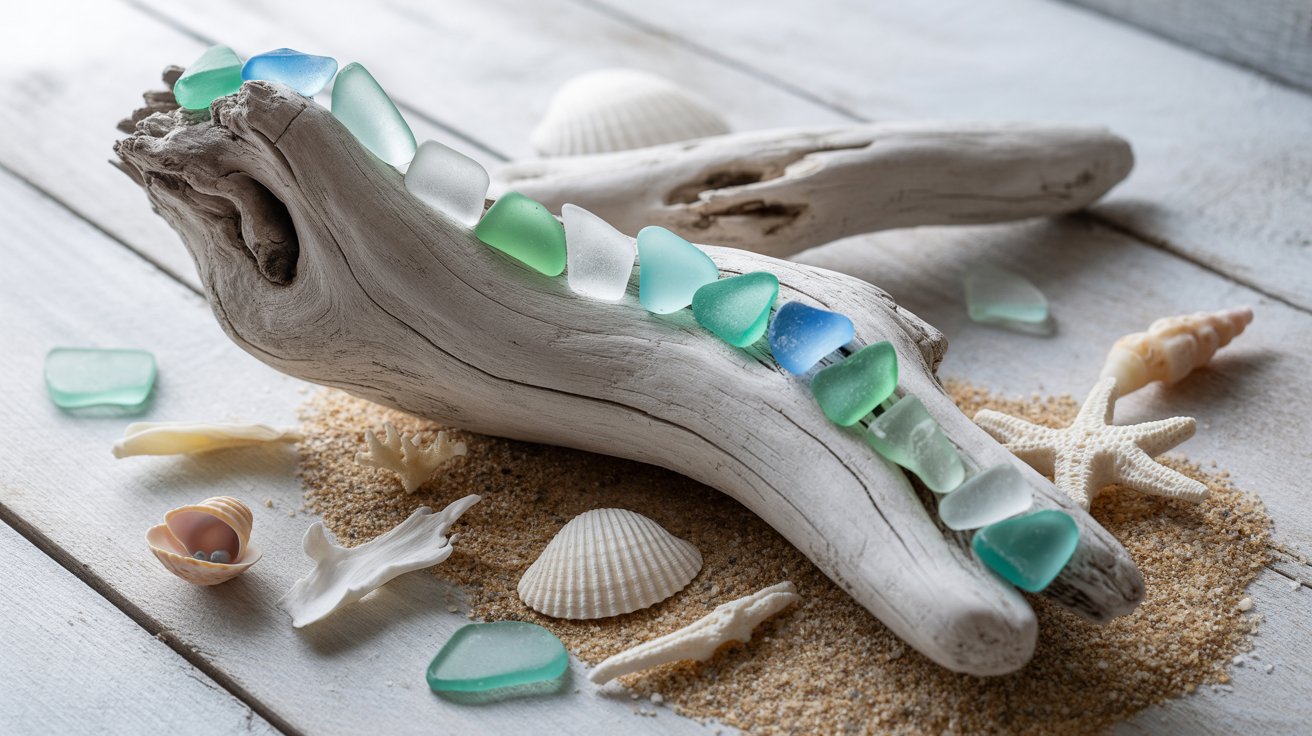 Driftwood and sea glass mixed media artwork
